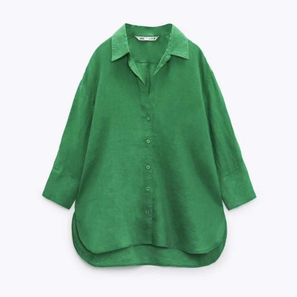 Zara 100% Linen Emerald Green Button Up
